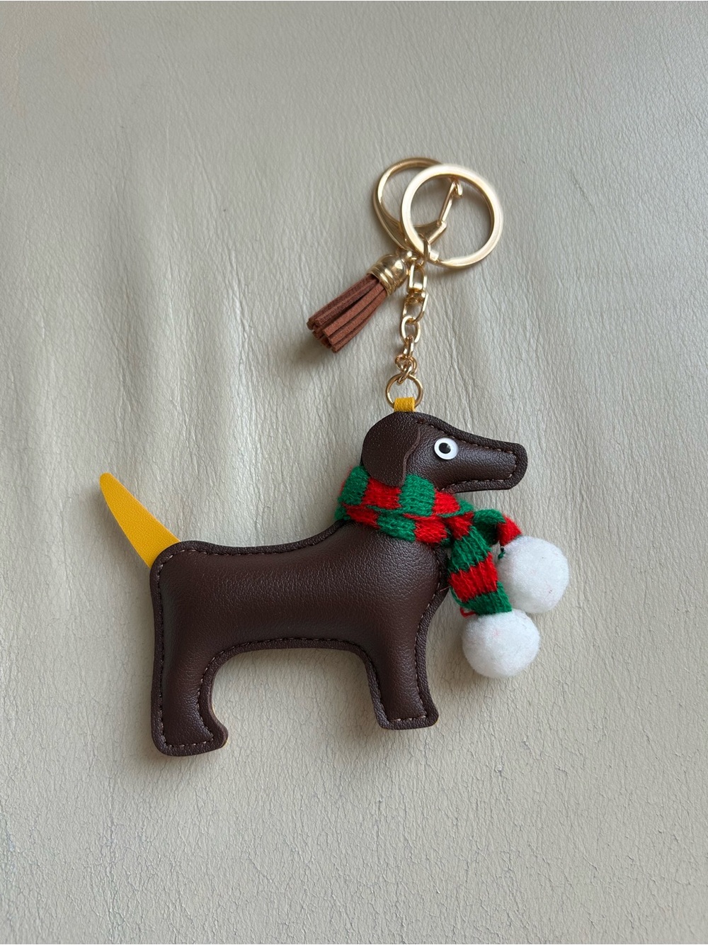 Brown Dog Keychain /bag charm with Red & Green Scarf